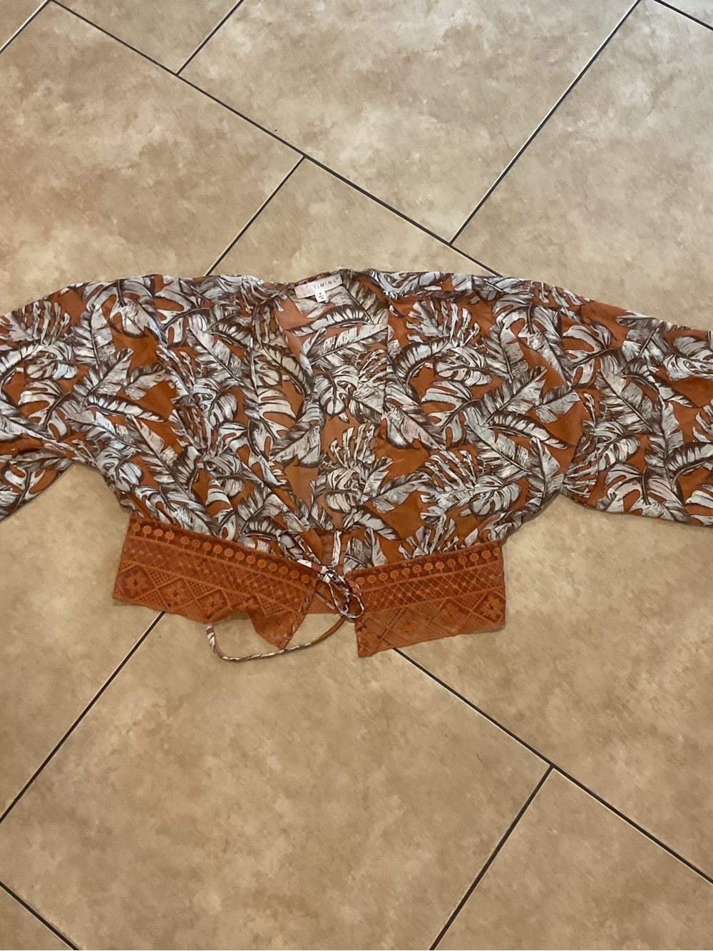 Boho Rust Botanical Print Cropped Tie-Front Top